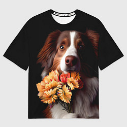 Футболка оверсайз женская Пёс держит букет цветов, цвет: 3D-принт