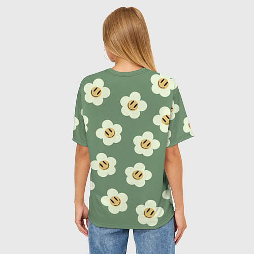 Женская футболка оверсайз Цветочки-смайлики: темно-зеленый паттерн / 3D-принт – фото 4