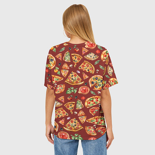 Женская футболка оверсайз Кусочки пиццы ассорти - акварельный паттерн / 3D-принт – фото 4