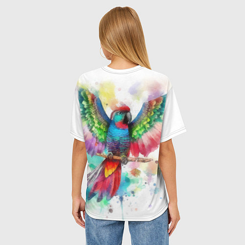 Женская футболка оверсайз Разноцветный акварельный попугай с расправленными / 3D-принт – фото 4