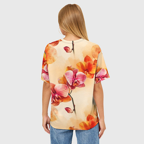 Женская футболка оверсайз Акварельные цветы - персиковый паттерн / 3D-принт – фото 4