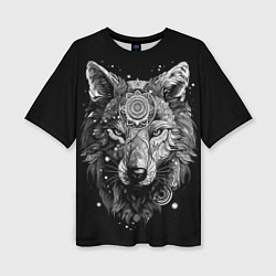 Женская футболка оверсайз Волк в черно-белом орнаменте