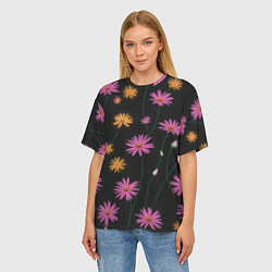Футболка оверсайз женская Полевые цветы на черном фоне, цвет: 3D-принт — фото 2