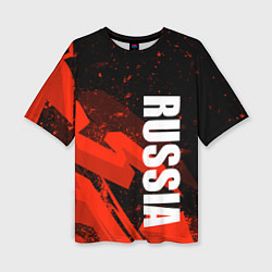 Женская футболка оверсайз Russia - белая надпись на красных брызгах