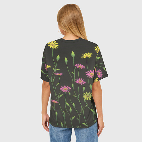 Женская футболка оверсайз Полевые цветочки на темном фоне / 3D-принт – фото 4