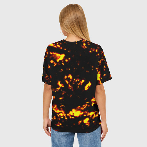 Женская футболка оверсайз Chicken Gun на фоне огня / 3D-принт – фото 4