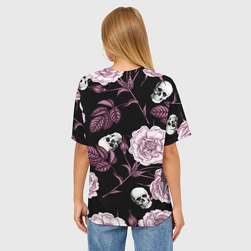 Женская футболка оверсайз Розовые цветы с черепами / 3D-принт – фото 4
