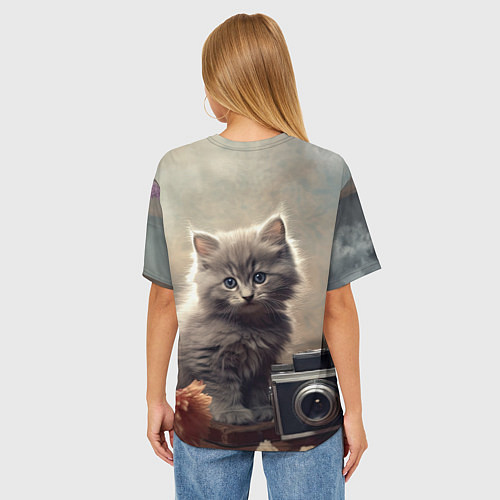Женская футболка оверсайз Серый котенок, винтажное фото / 3D-принт – фото 4