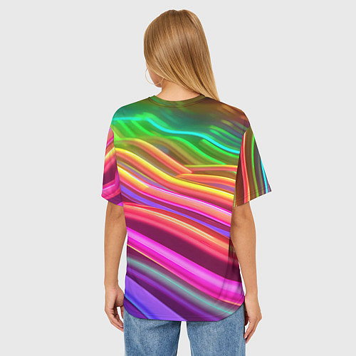Женская футболка оверсайз Неоновые радужные волны / 3D-принт – фото 4