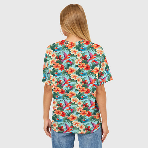 Женская футболка оверсайз Гавайские цветы и птицы / 3D-принт – фото 4