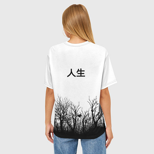 Женская футболка оверсайз С бабочкой на фоне японского иероглифа / 3D-принт – фото 4