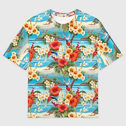 Женская футболка оверсайз Светлый гавайский фон и цветы