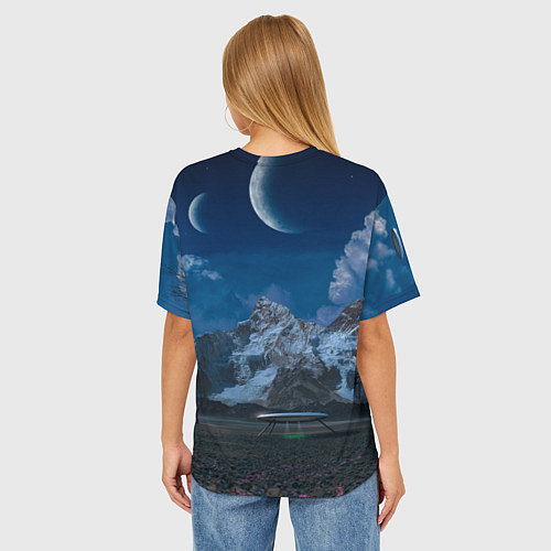 Женская футболка оверсайз Ночные горы в природе и небо с нло / 3D-принт – фото 4