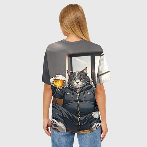 Женская футболка оверсайз Толстый кот со стаканом пива / 3D-принт – фото 4