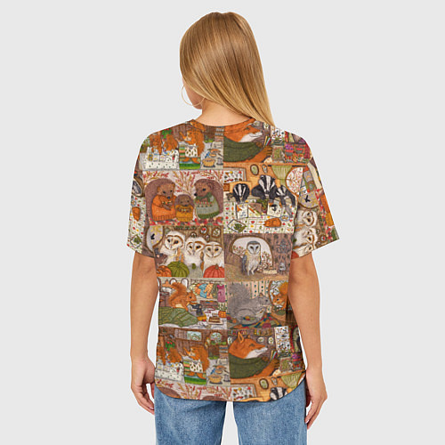 Женская футболка оверсайз Коллаж из сказочных зверей - совы, белки, ёжики / 3D-принт – фото 4