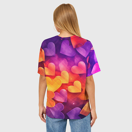 Женская футболка оверсайз Разноцветные сердечки / 3D-принт – фото 4