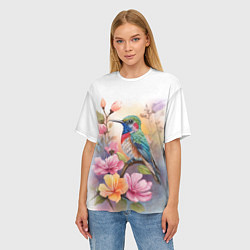 Футболка оверсайз женская Колибри и цветы - акварель, цвет: 3D-принт — фото 2
