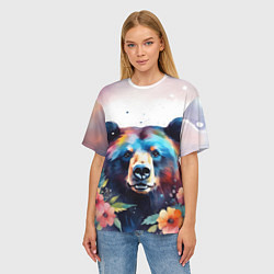 Футболка оверсайз женская Портрет медведя гризли с цветами акварелью, цвет: 3D-принт — фото 2