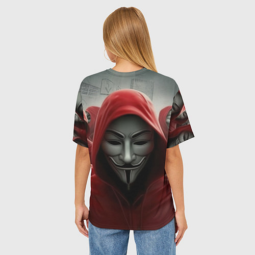 Женская футболка оверсайз Анонимусы в красных капюшонах / 3D-принт – фото 4