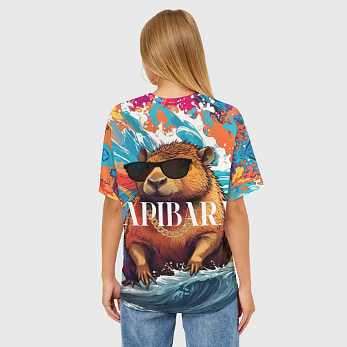 Женская футболка оверсайз Капибара в очках на красочных волнах / 3D-принт – фото 4
