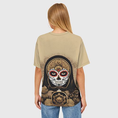 Женская футболка оверсайз Матрешка сахарный череп на Хэллоуин / 3D-принт – фото 4