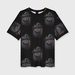 Женская футболка оверсайз Паттерн с черными котами в шляпах