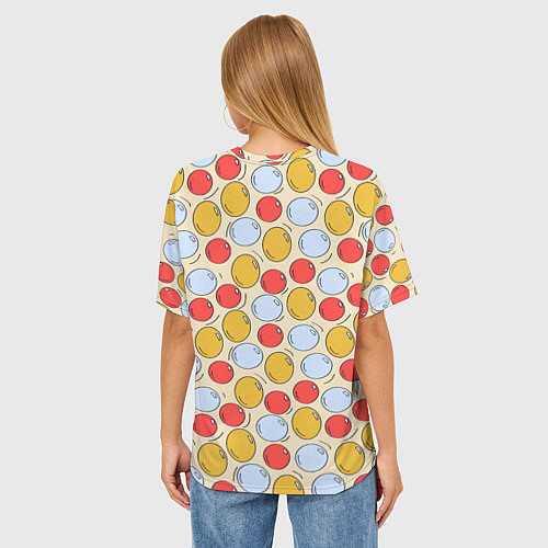 Женская футболка оверсайз Красные, желтые и голубые пузыри / 3D-принт – фото 4