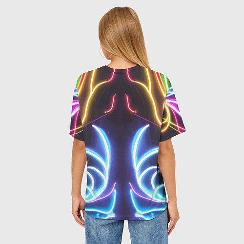 Женская футболка оверсайз Зеркальный неоновый паттерн - нейросеть / 3D-принт – фото 4