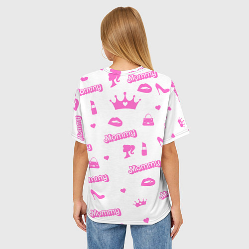 Женская футболка оверсайз Мамочка - силуэт барби: паттерн розовый на белом ф / 3D-принт – фото 4