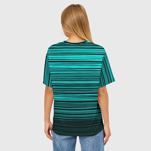 Женская футболка оверсайз Яркие неоновые бирюзовые полосы на черном / 3D-принт – фото 4