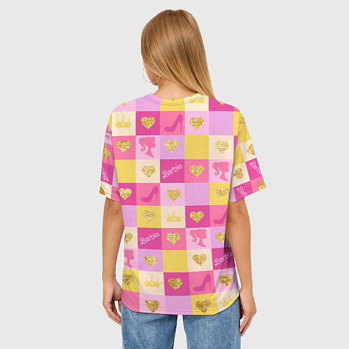 Женская футболка оверсайз Барби: желтые и розовые квадраты паттерн / 3D-принт – фото 4