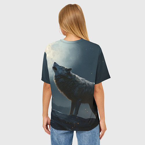 Женская футболка оверсайз Волк воющий на Луну / 3D-принт – фото 4