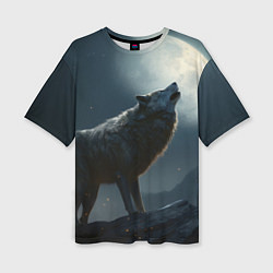Женская футболка оверсайз Волк воющий на Луну