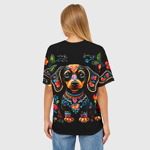 Женская футболка оверсайз Такса с цветами и узорами / 3D-принт – фото 4