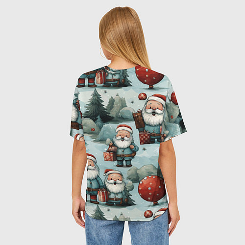 Женская футболка оверсайз Рождественский узор с Санта Клаусами / 3D-принт – фото 4