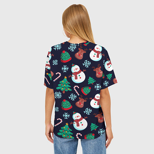 Женская футболка оверсайз Снеговички с рождественскими оленями и елками / 3D-принт – фото 4