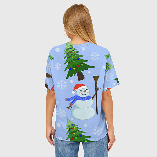 Женская футболка оверсайз Снеговики с новогодними елками паттерн / 3D-принт – фото 4