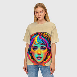 Футболка оверсайз женская Девушка с разноцветными волосами на клетчатом фоне, цвет: 3D-принт — фото 2