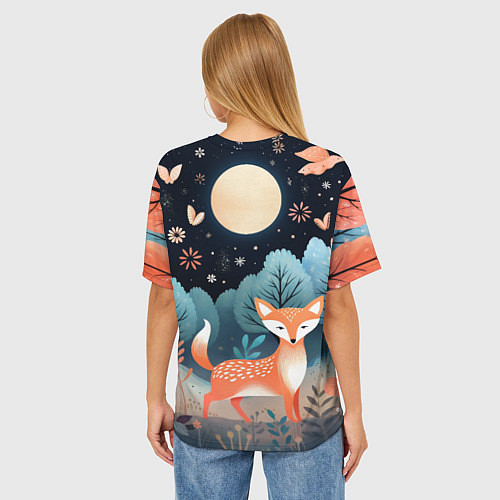 Женская футболка оверсайз Лисичка в осеннем лесу фолк-арт / 3D-принт – фото 4