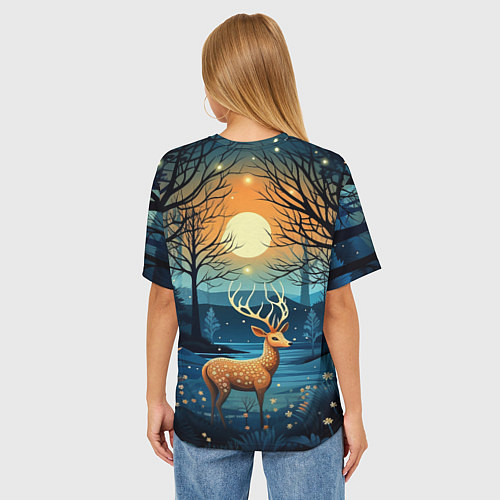 Женская футболка оверсайз Олень в ночном лесу фолк-арт / 3D-принт – фото 4