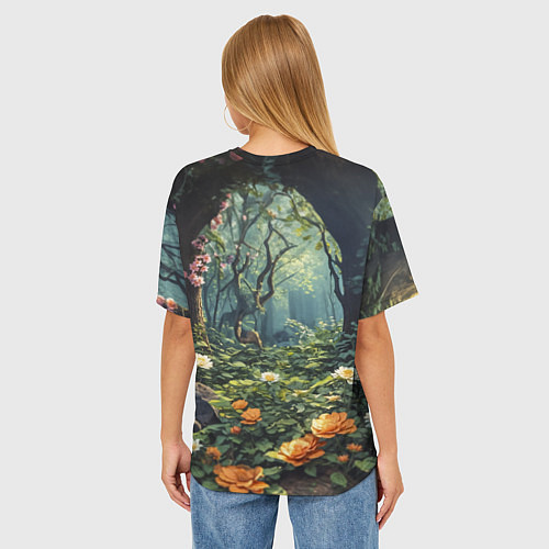 Женская футболка оверсайз Лисица в лесу в цветах / 3D-принт – фото 4