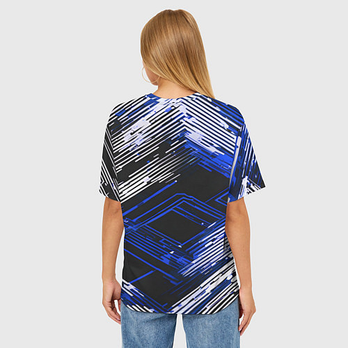 Женская футболка оверсайз Киберпанк линии белые и синие / 3D-принт – фото 4