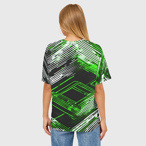 Женская футболка оверсайз Киберпанк линии белые и зелёные / 3D-принт – фото 4
