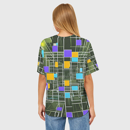 Женская футболка оверсайз Разноцветные квадраты и белые полосы / 3D-принт – фото 4