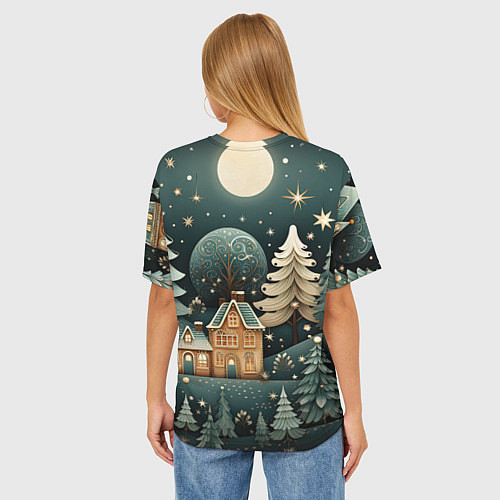Женская футболка оверсайз Снежная деревня в праздничном наряде / 3D-принт – фото 4