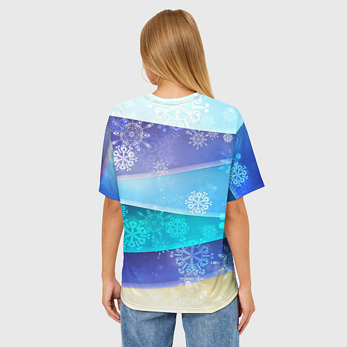 Женская футболка оверсайз Абстрактный синий волнистый фон со снежинками / 3D-принт – фото 4
