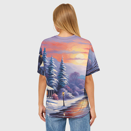 Женская футболка оверсайз Заснеженный новогодний лес чудес / 3D-принт – фото 4