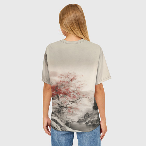 Женская футболка оверсайз Красное дерево у реки / 3D-принт – фото 4