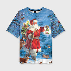 Женская футболка оверсайз Дед Мороз в лесу с животными