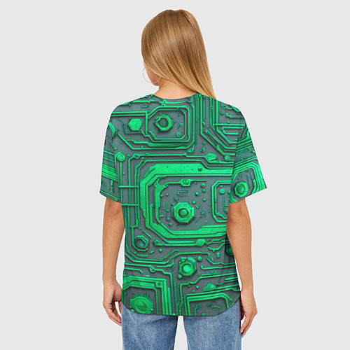 Женская футболка оверсайз Неоновая плата с микросхемами и гайками / 3D-принт – фото 4